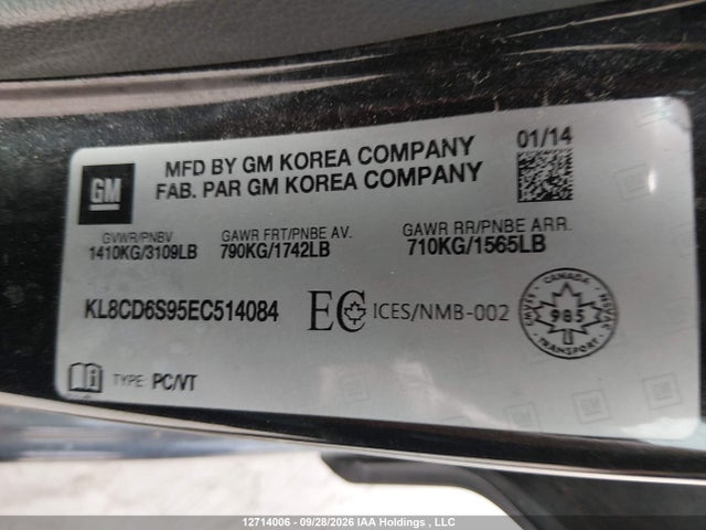 12714006 :رقم المزاد ، KL8CD6S95EC514084 vin ، 2014 Chevrolet Spark 1lt Cvt مزاد بيع