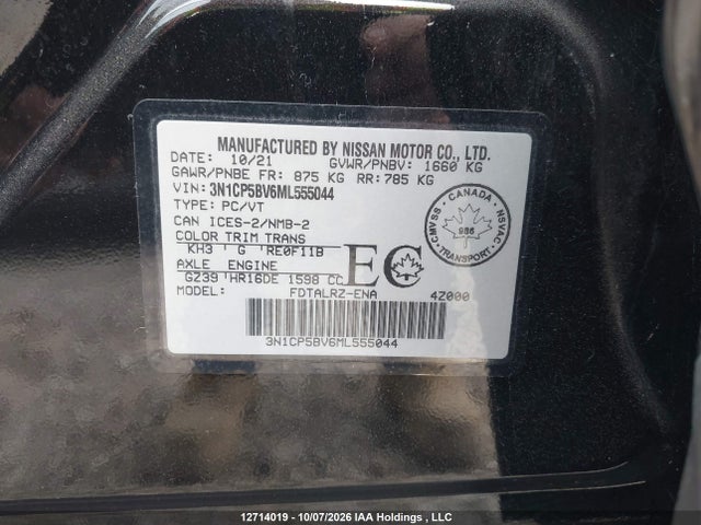 12714019 :رقم المزاد ، 3N1CP5BV6ML555044 vin ، 2021 Nissan Kicks S مزاد بيع