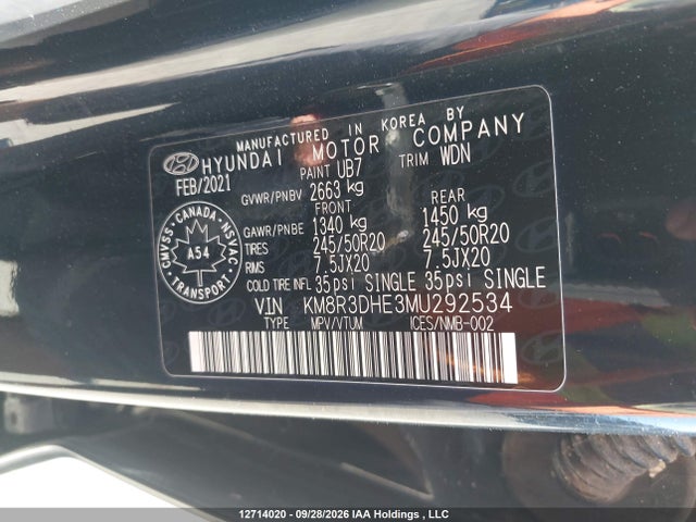 12714020 :رقم المزاد ، KM8R3DHE3MU292534 vin ، 2021 Hyundai Palisade Luxury 8-passenger Seating مزاد بيع