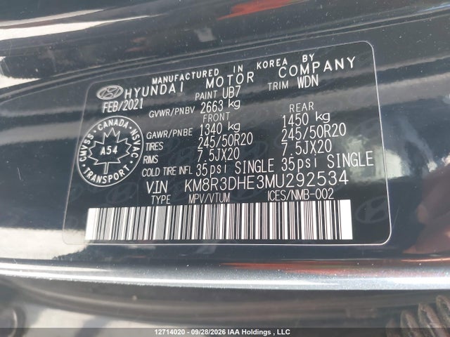 12714020 :رقم المزاد ، KM8R3DHE3MU292534 vin ، 2021 Hyundai Palisade Luxury 8-passenger Seating مزاد بيع