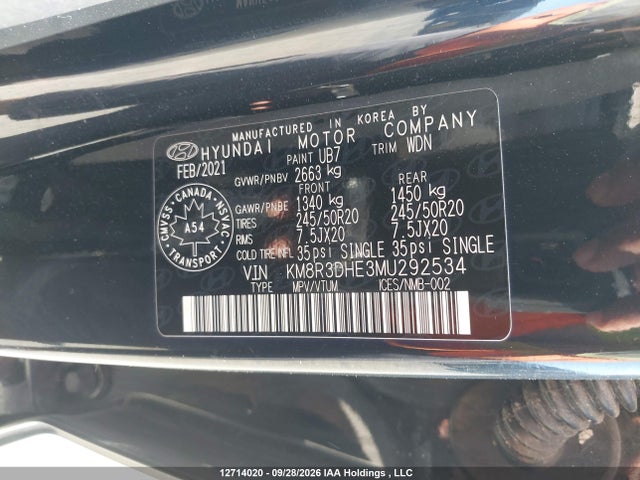 12714020 :رقم المزاد ، KM8R3DHE3MU292534 vin ، 2021 Hyundai Palisade Luxury 8-passenger Seating مزاد بيع