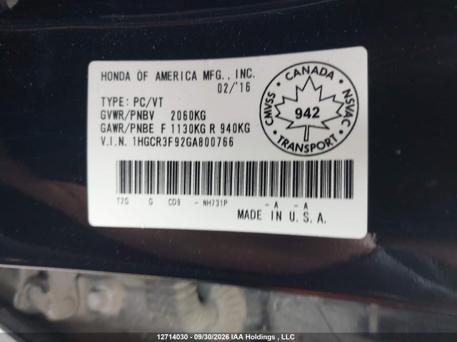 Продажа на аукционе авто 2016 Honda Accord Touring, vin: 1HGCR3F92GA800766, номер лота: 12714030