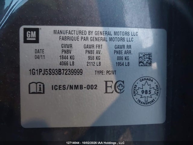 Aukcja sprzedaży 2011 Chevrolet Cruze Eco, vin: 1G1PJ5S93B7239999, numer aukcji: 12714044