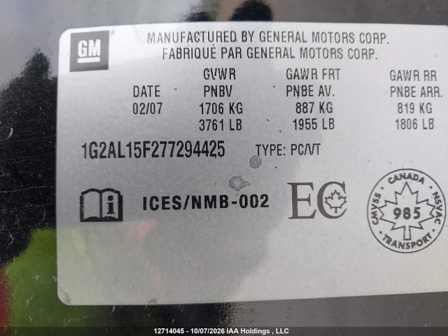 12714045 :رقم المزاد ، 1G2AL15F277294425 vin ، 2007 Pontiac G5 مزاد بيع
