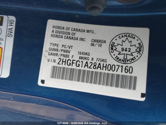 Продаж на аукціоні авто 2010 Honda Civic Dx, vin: 2HGFG1A28AH007160, номер лоту: 12714049