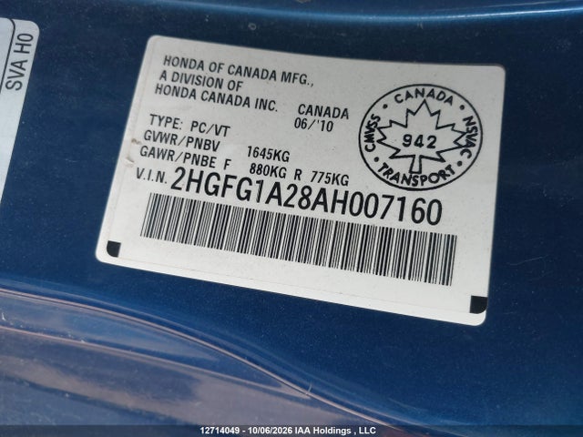 Продаж на аукціоні авто 2010 Honda Civic Dx, vin: 2HGFG1A28AH007160, номер лоту: 12714049