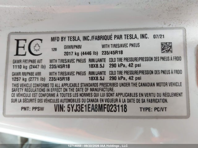 Tesla MODEL 3 2021 5YJ3E1EA8MF023118 Image 9