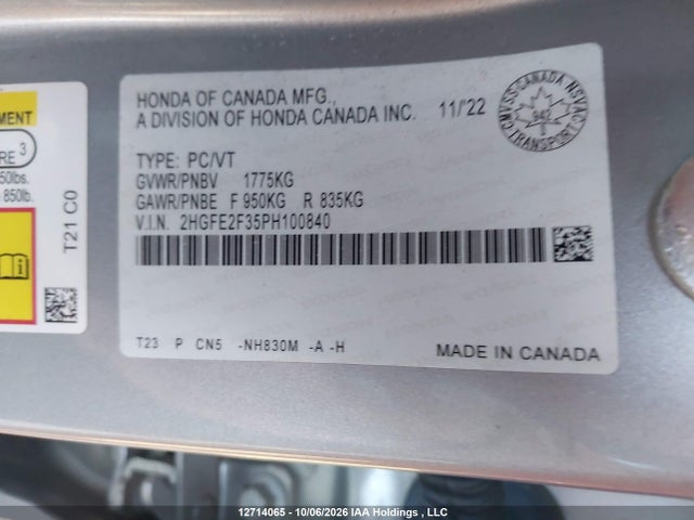 12714065 :رقم المزاد ، 2HGFE2F35PH100840 vin ، 2023 Honda Civic مزاد بيع