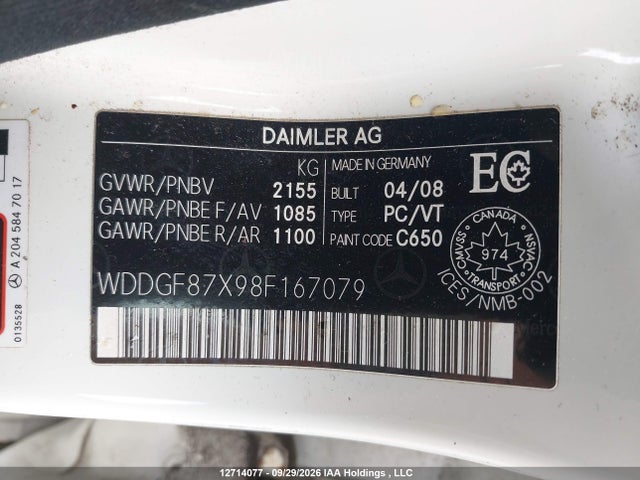 12714077 :رقم المزاد ، WDDGF87X98F167079 vin ، 2008 Mercedes-benz C 350 4matic مزاد بيع