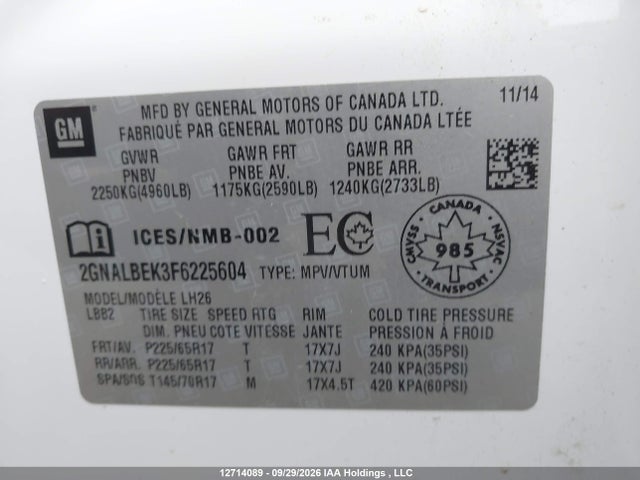 Продаж на аукціоні авто 2015 Chevrolet Equinox Lt, vin: 2GNALBEK3F6225604, номер лоту: 12714089