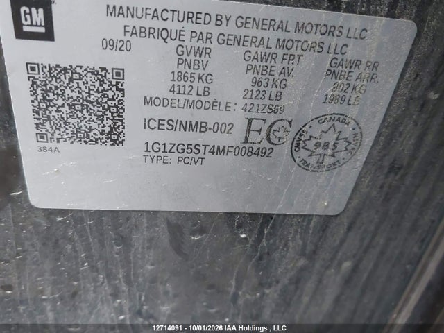 Продажа на аукционе авто 2021 Chevrolet Malibu Rs, vin: 1G1ZG5ST4MF008492, номер лота: 12714091