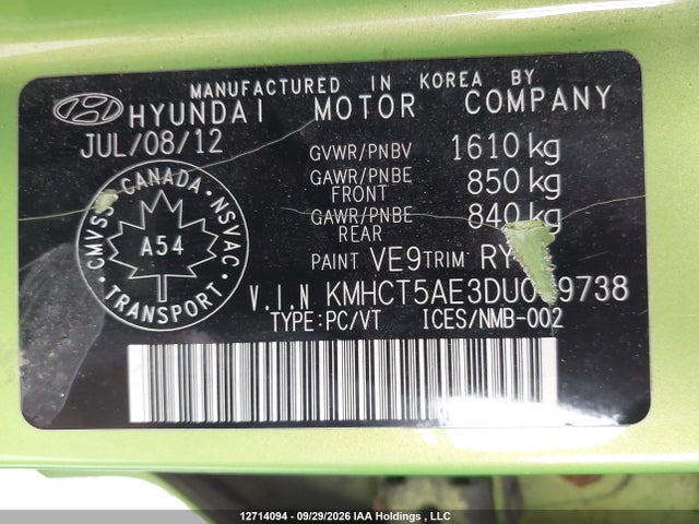 12714094 :رقم المزاد ، KMHCT5AE3DU069738 vin ، 2013 Hyundai Accent Gls/gs مزاد بيع