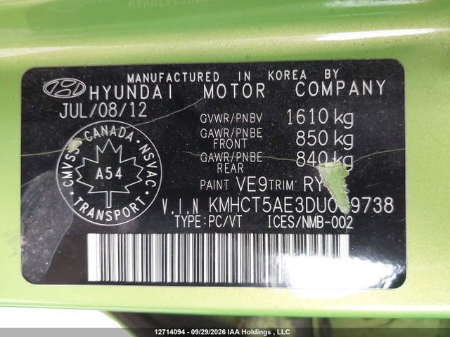 12714094 :رقم المزاد ، KMHCT5AE3DU069738 vin ، 2013 Hyundai Accent Gls/gs مزاد بيع