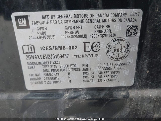 Продаж на аукціоні авто 2018 Chevrolet Equinox Premier, vin: 2GNAXVEV2J6169437, номер лоту: 12714096