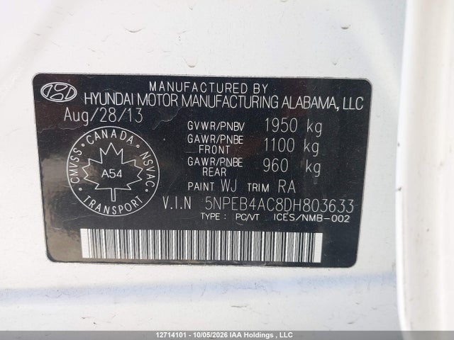 2013 Hyundai Sonata Gl მანქანა იყიდება აუქციონზე, vin: 5NPEB4AC8DH803633, აუქციონის ნომერი: 12714101