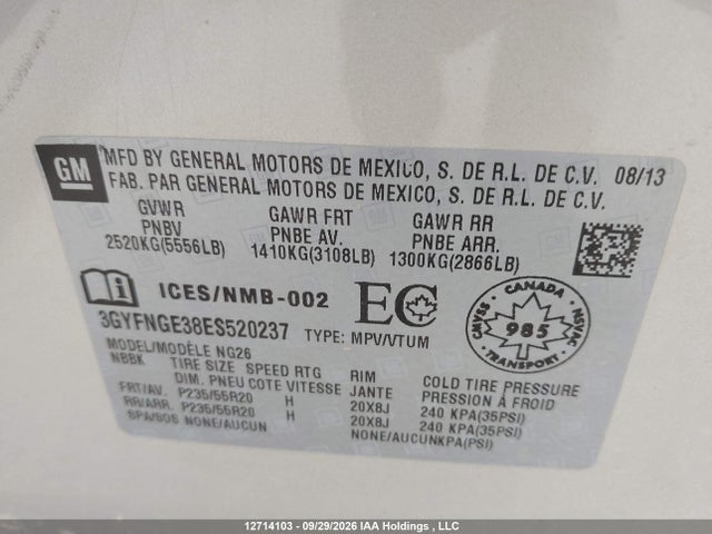 Aukcja sprzedaży 2014 Cadillac Srx Premium, vin: 3GYFNGE38ES520237, numer aukcji: 12714103