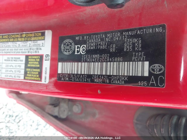 12714108 :رقم المزاد ، 2T1KU4EE2CC845886 vin ، 2012 Toyota Matrix مزاد بيع