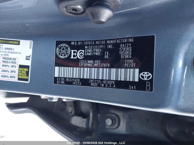 2021 Toyota Corolla L მანქანა იყიდება აუქციონზე, vin: 5YFBPMBE2MP237878, აუქციონის ნომერი: 12714109