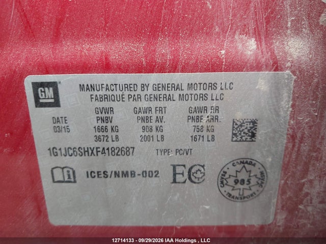 Продаж на аукціоні авто 2015 Chevrolet Sonic Lt, vin: 1G1JC6SHXF4182687, номер лоту: 12714133