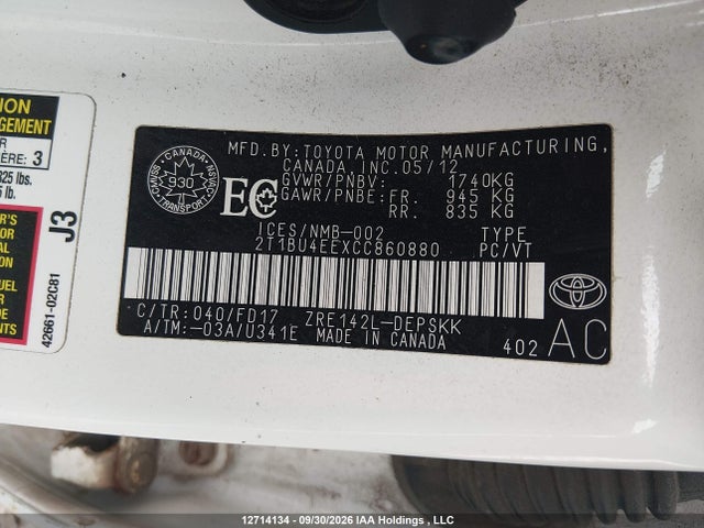 12714134 :رقم المزاد ، 2T1BU4EEXCC860880 vin ، 2012 Toyota Corolla S مزاد بيع