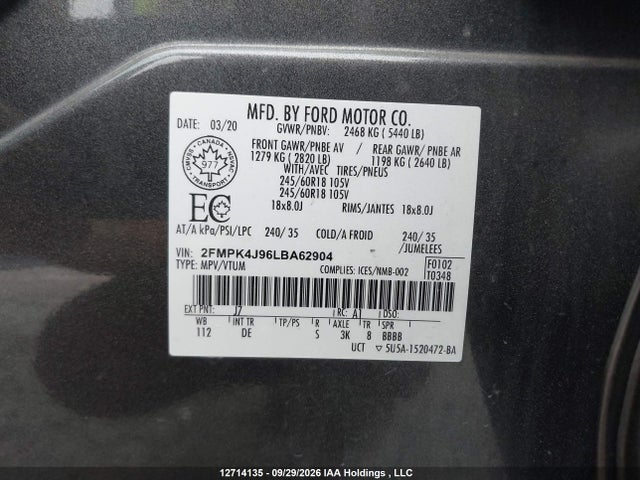 Продаж на аукціоні авто 2020 Ford Edge Sel, vin: 2FMPK4J96LBA62904, номер лоту: 12714135