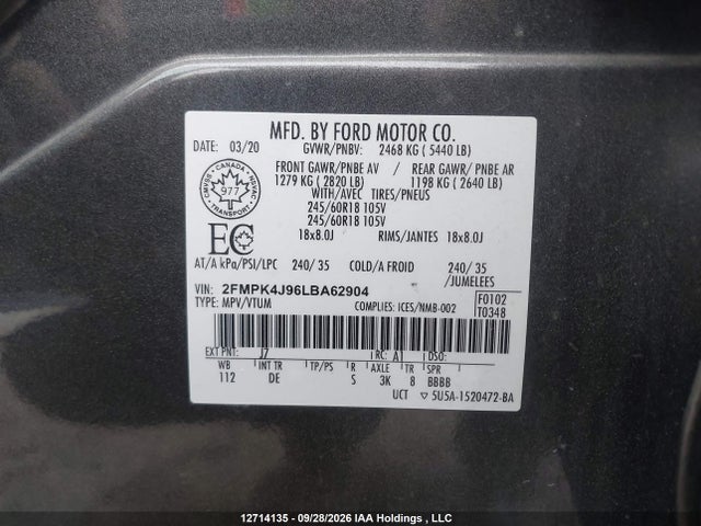 Продаж на аукціоні авто 2020 Ford Edge Sel, vin: 2FMPK4J96LBA62904, номер лоту: 12714135