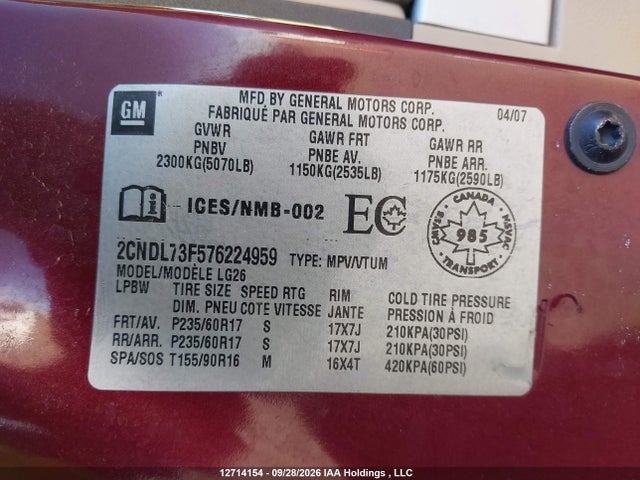 Aukcja sprzedaży 2007 Chevrolet Equinox Lt, vin: 2CNDL73F576224959, numer aukcji: 12714154