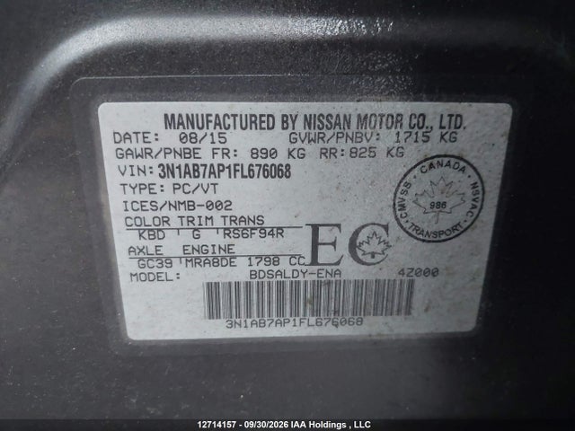 2015 Nissan Sentra S/sv/sr/sl მანქანა იყიდება აუქციონზე, vin: 3N1AB7AP1FL676068, აუქციონის ნომერი: 12714157