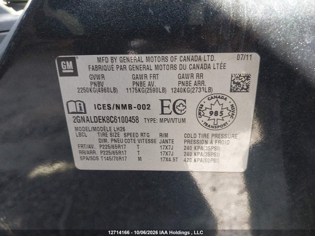 Aukcja sprzedaży 2012 Chevrolet Equinox, vin: 2GNALDEK8C6100458, numer aukcji: 12714166