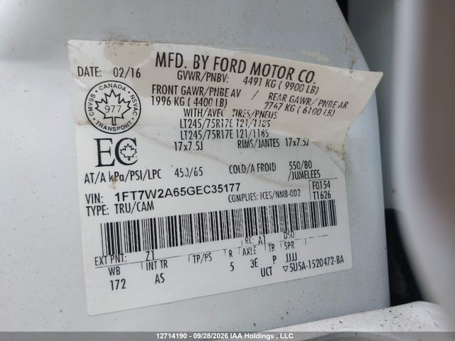 Продажа на аукционе авто 2016 Ford F250 Super Duty, vin: 1FT7W2A65GEC35177, номер лота: 12714190