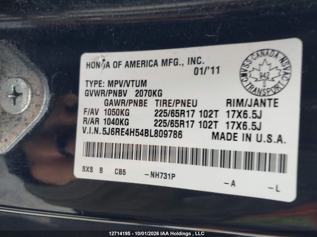 Продаж на аукціоні авто 2011 Honda Cr-v Ex, vin: 5J6RE4H54BL809786, номер лоту: 12714195