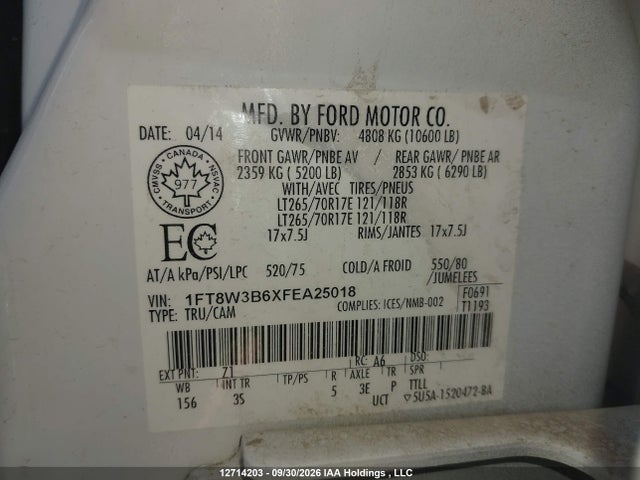 12714203 :رقم المزاد ، 1FT8W3B6XFEA25018 vin ، 2015 Ford F-350 Xlt مزاد بيع