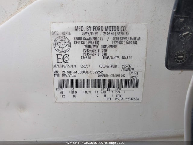 Продаж на аукціоні авто 2016 Ford Edge Sel, vin: 2FMPK4J80GBC32252, номер лоту: 12714211