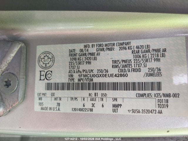 2014 Ford Escape მანქანა იყიდება აუქციონზე, vin: 1FMCU0GX0EUE42860, აუქციონის ნომერი: 12714212