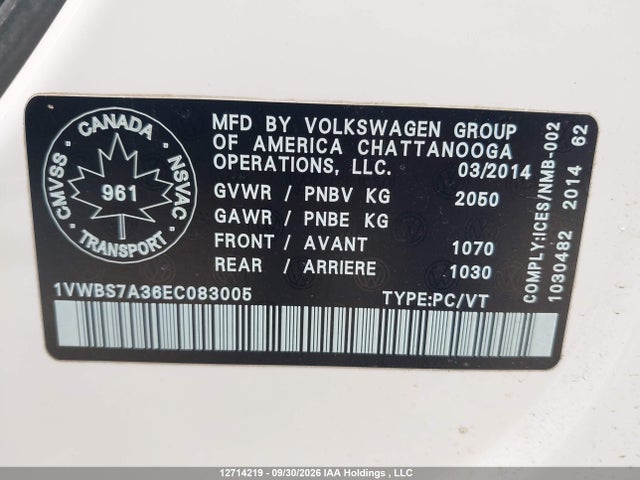 Volkswagen PASSAT SE 2014 1VWBS7A36EC083005 Image 9