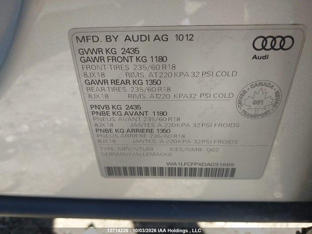 Продажа на аукционе авто 2013 Audi Q5 2.0l Premium, vin: WA1LFCFPXDA031669, номер лота: 12714226