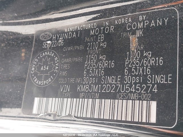 12714230 :رقم المزاد ، KM8JM12D27U545274 vin ، 2007 Hyundai Tucson Gl مزاد بيع