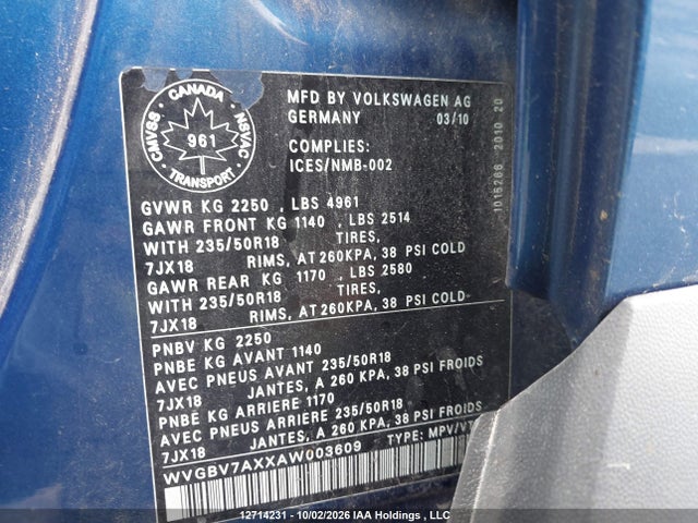 2010 Volkswagen Tiguan Se/sel მანქანა იყიდება აუქციონზე, vin: WVGBV7AXXAW003609, აუქციონის ნომერი: 12714231