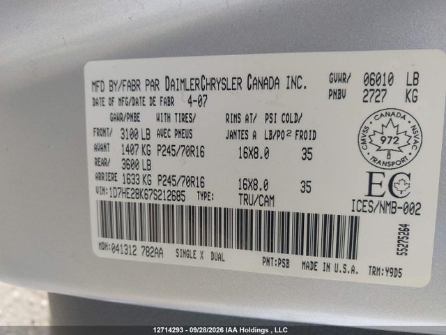 2007 Dodge Dakota St მანქანა იყიდება აუქციონზე, vin: 1D7HE28K67S212685, აუქციონის ნომერი: 12714293