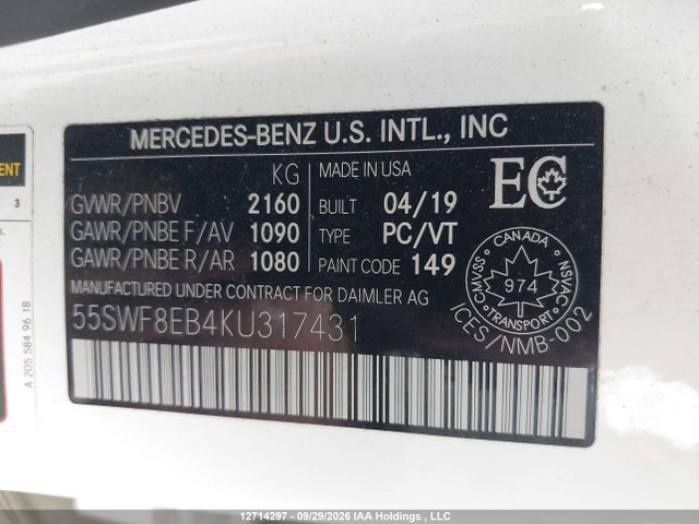 2019 Mercedes-benz C 300 4matic მანქანა იყიდება აუქციონზე, vin: 55SWF8EB4KU317431, აუქციონის ნომერი: 12714297