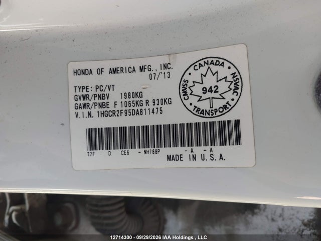 Aukcja sprzedaży 2013 Honda Accord Touring, vin: 1HGCR2F95DA811475, numer aukcji: 12714300