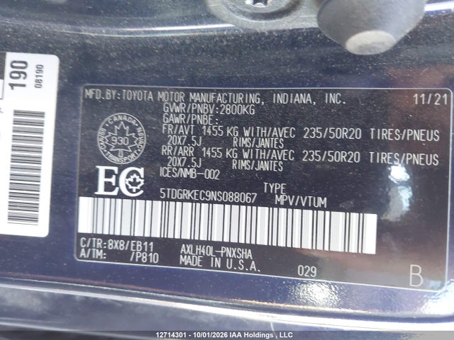 Aukcja sprzedaży 2022 Toyota Sienna Le/xle/xse/limited/platinum, vin: 5TDGRKEC9NS088067, numer aukcji: 12714301