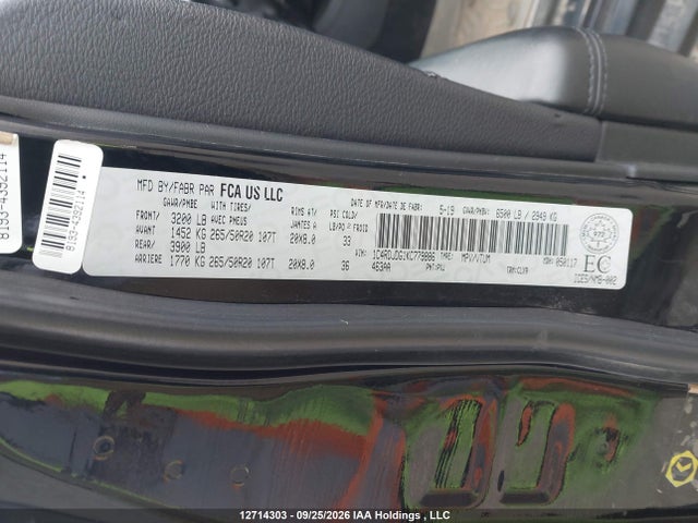 2019 Dodge Durango Gt მანქანა იყიდება აუქციონზე, vin: 1C4RDJDG1KC779886, აუქციონის ნომერი: 12714303