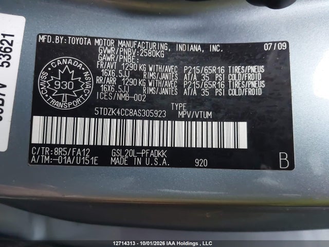 Продажа на аукционе авто 2010 Toyota Sienna Ce, vin: 5TDZK4CC8AS305923, номер лота: 12714313