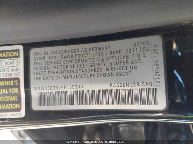 Продаж на аукціоні авто 2005 Volkswagen Passat Gls Tdi, vin: WVWCE63B25E139300, номер лоту: 12714316