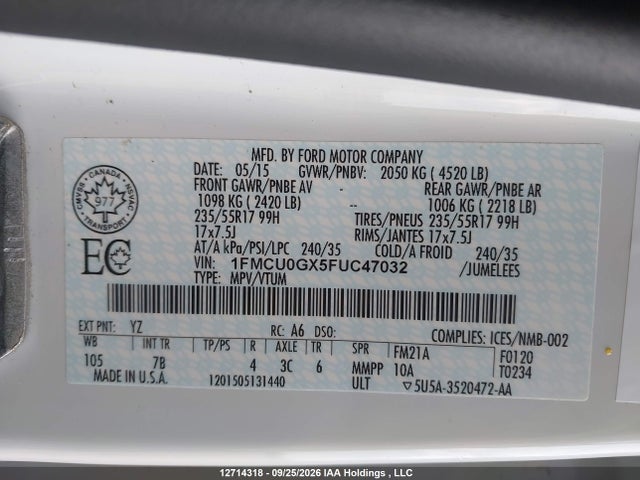 Ford ESCAPE SE 2015 1FMCU0GX5FUC47032 Image 9