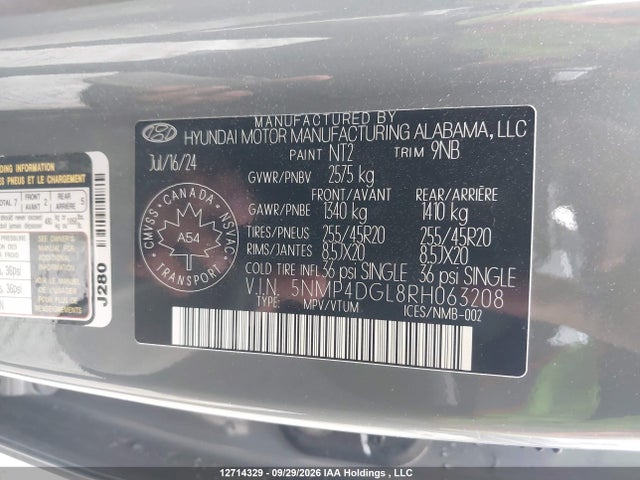 Aukcja sprzedaży 2024 Hyundai Santa Fe Luxury, vin: 5NMP4DGL8RH063208, numer aukcji: 12714329