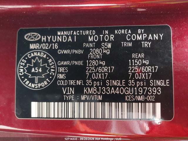 12714333 :رقم المزاد ، KM8J33A40GU197393 vin ، 2016 Hyundai Tucson Limited/sport And Eco/se مزاد بيع