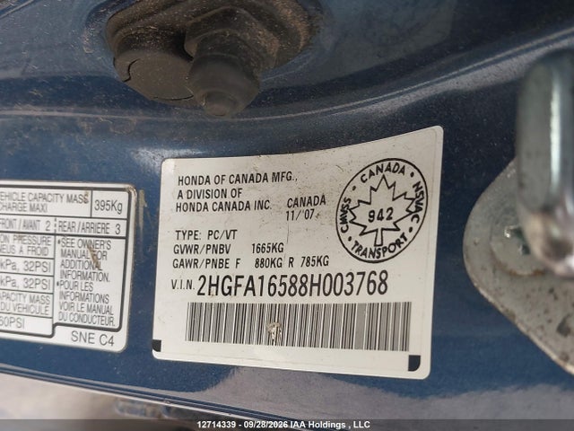 Aukcja sprzedaży 2008 Honda Civic Lx, vin: 2HGFA16588H003768, numer aukcji: 12714339