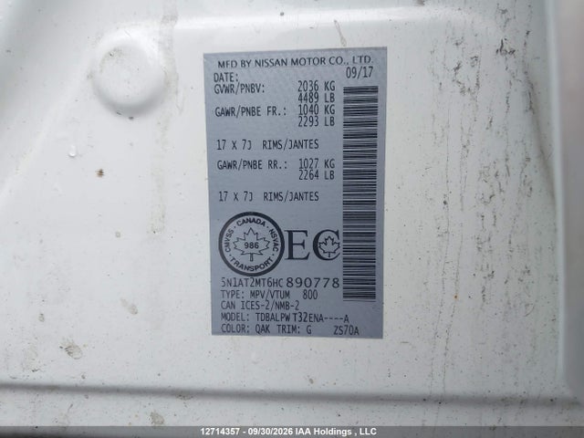 12714357 :رقم المزاد ، 5N1AT2MT6HC890778 vin ، 2017 Nissan Rogue S/sl مزاد بيع